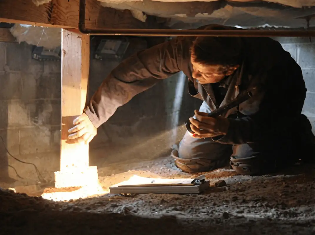 A professional inspecting wooden beams under the floor of a structure in Baltimore, MD